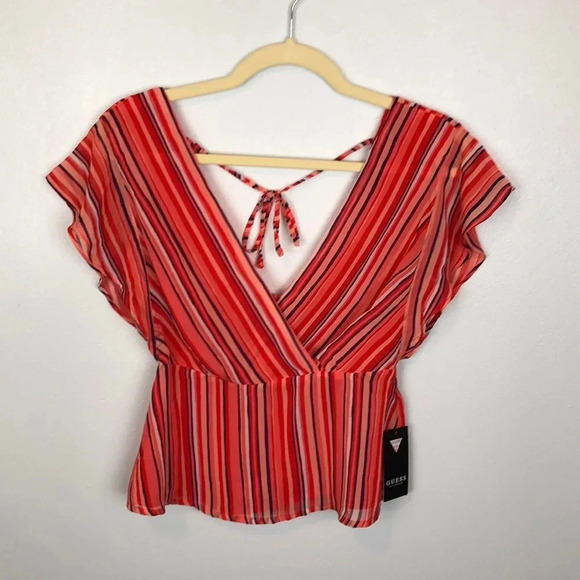 Guess New Women’s XS Marrah Striped Flutter-Sleeve Top - Picture 3 of 10